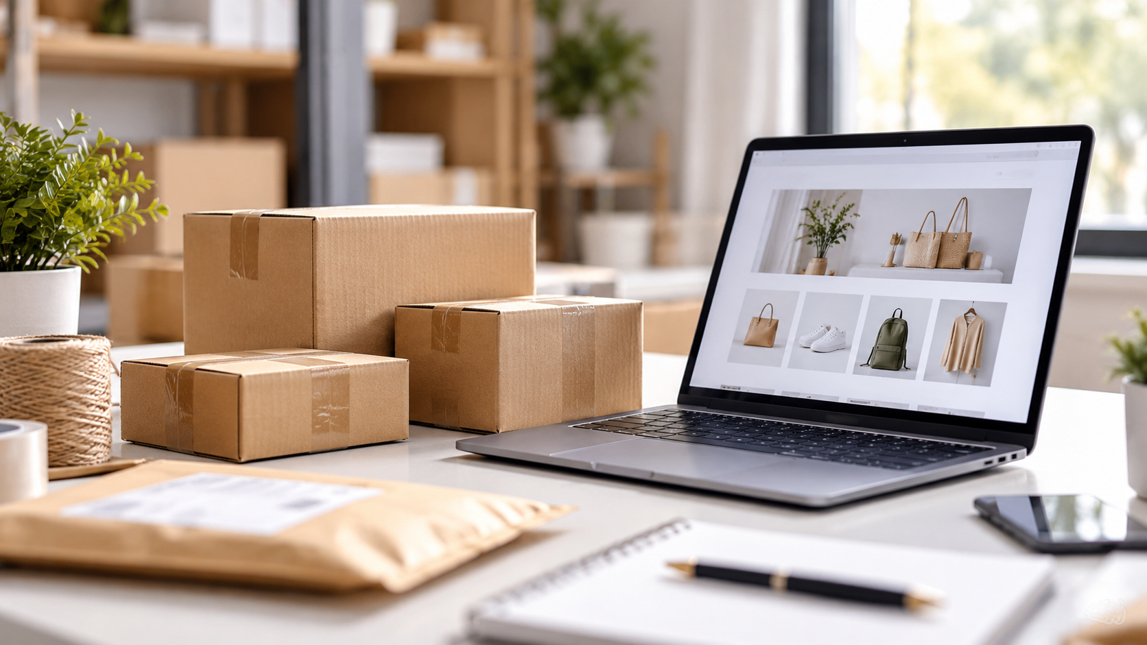 Laptop showing an online store with shipping boxes