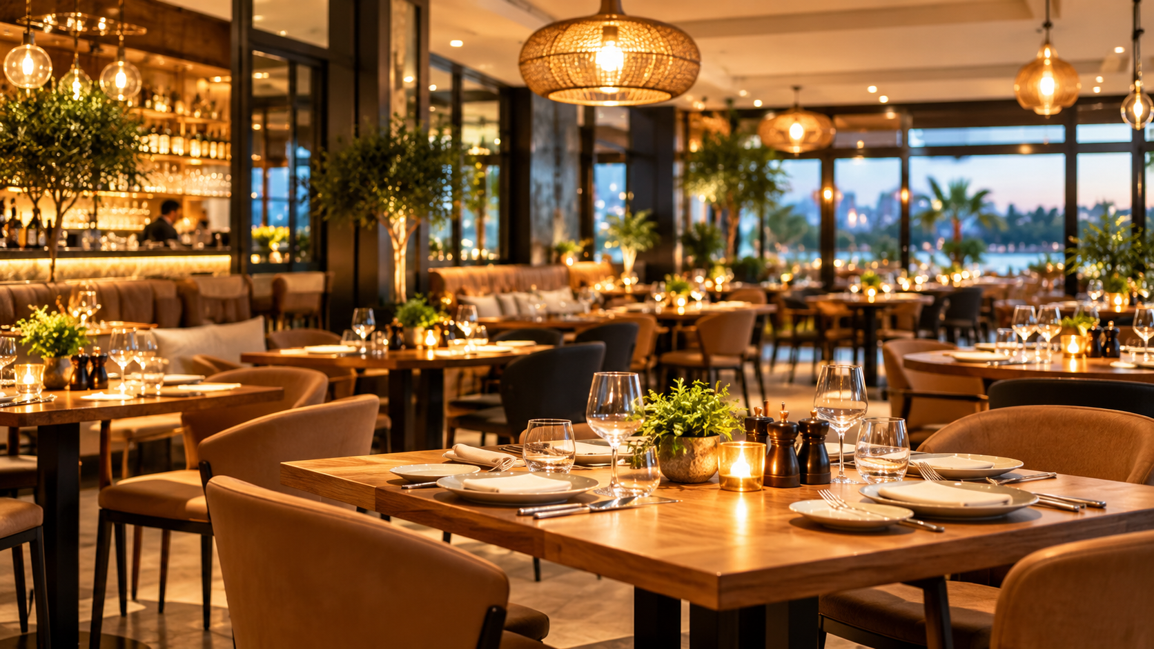 Warmly lit restaurant interior
