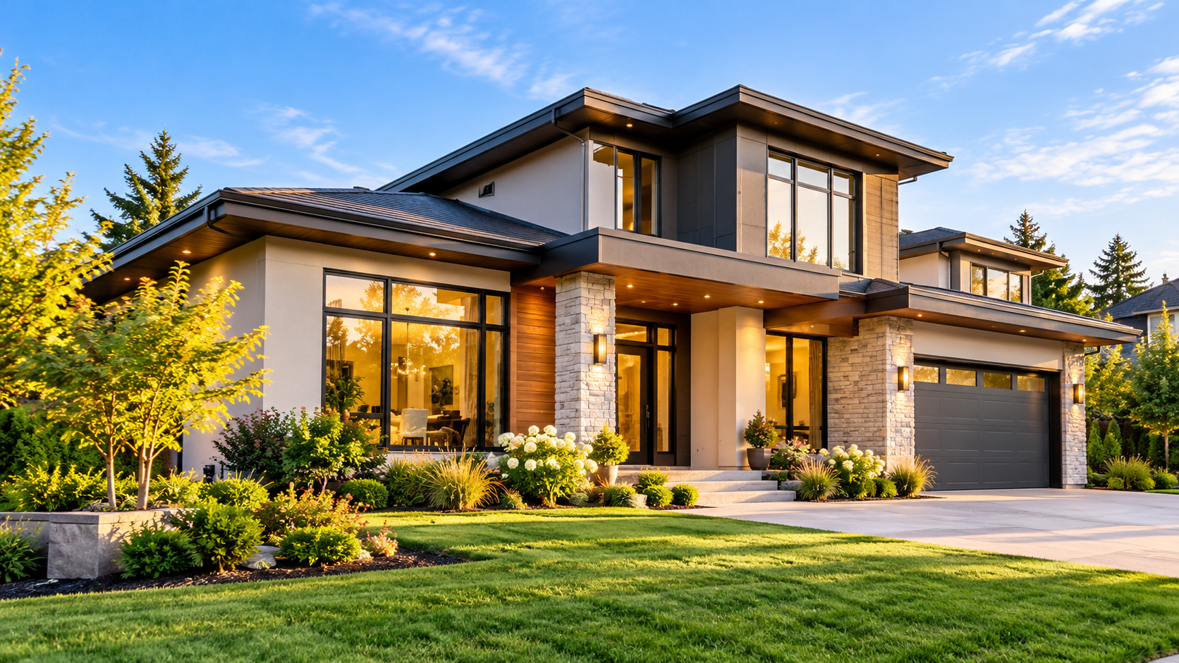 Modern house exterior at dusk